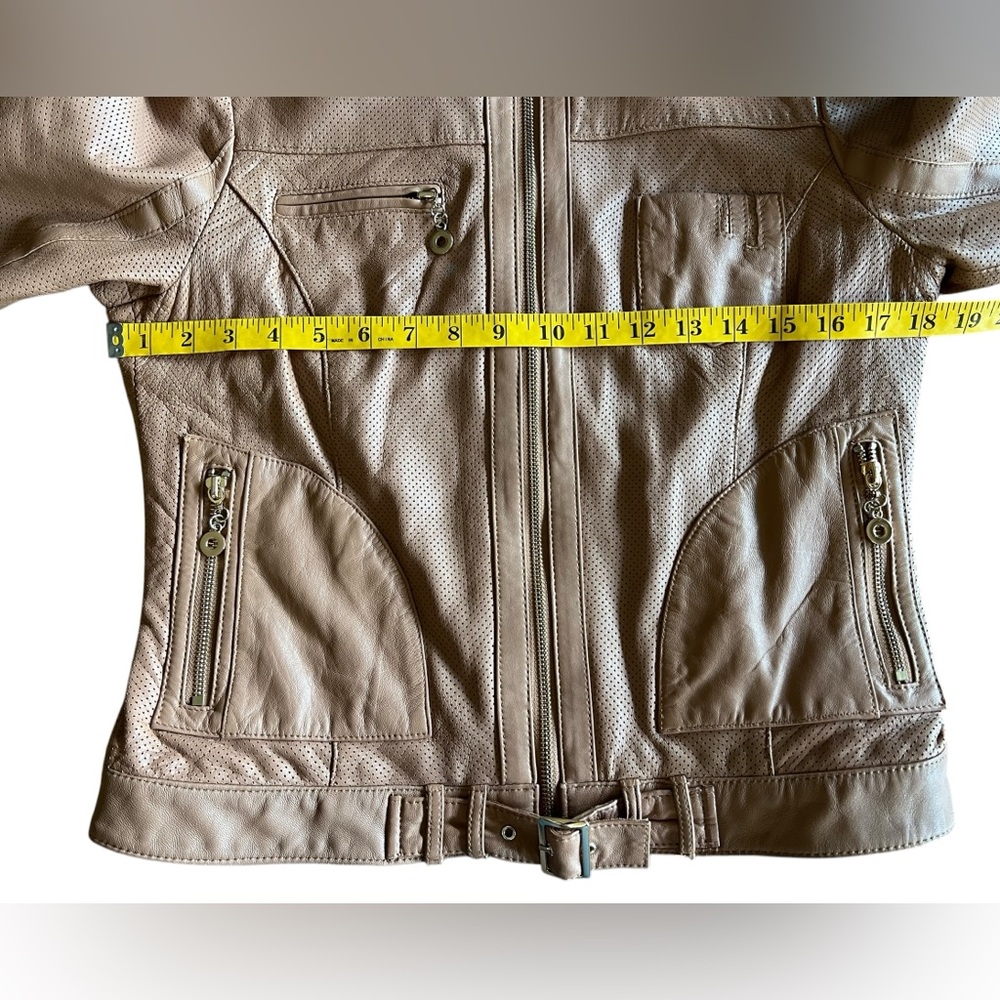 White House Black Market Light Mocha 100% Leather Perforated Moto Jacket Sz S - Picture 9 of 11